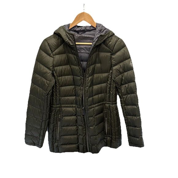 Michael Kors Womens Packable Hooded Down PufferJacket Size M Olive Logo Back Zip - Picture 1 of 16